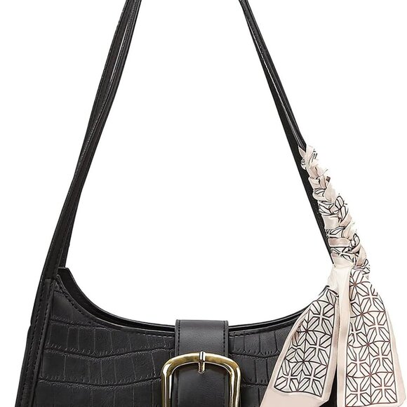 Fashionable Retro Tote Purse: Black Leather Hobo Bag with Detachable Scarf - Picture 1 of 6
